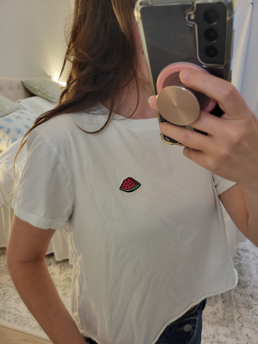 Forever 21 White Short Sleeve Tee with Watermelon Patch - Picture 1 of 6